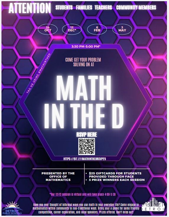  Math in the D flyer showing dates and times.